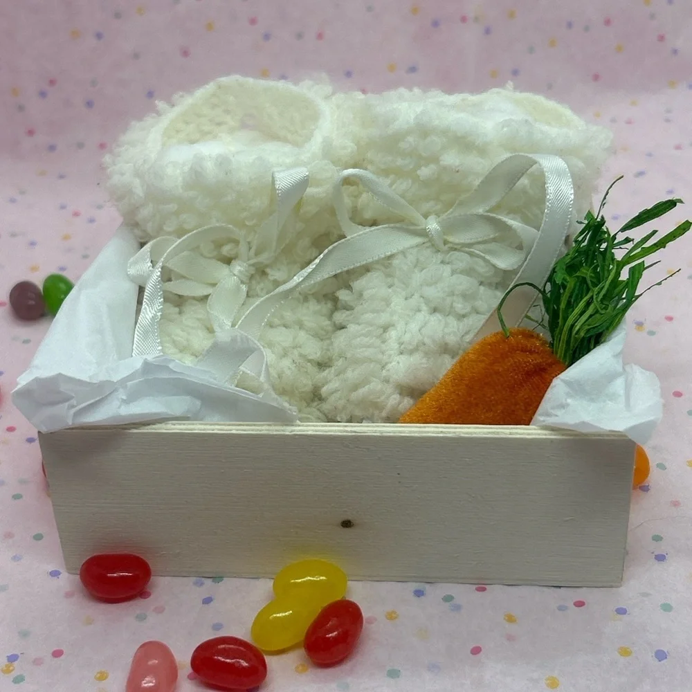 Baby’s First Easter Gift Set – Handmade Booties /Keepsake Box w/ Plush Carrot